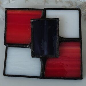 Vtg MODERNIST Geometric STAINED GLASS Red White Navy BROOCH Streaky Frosted